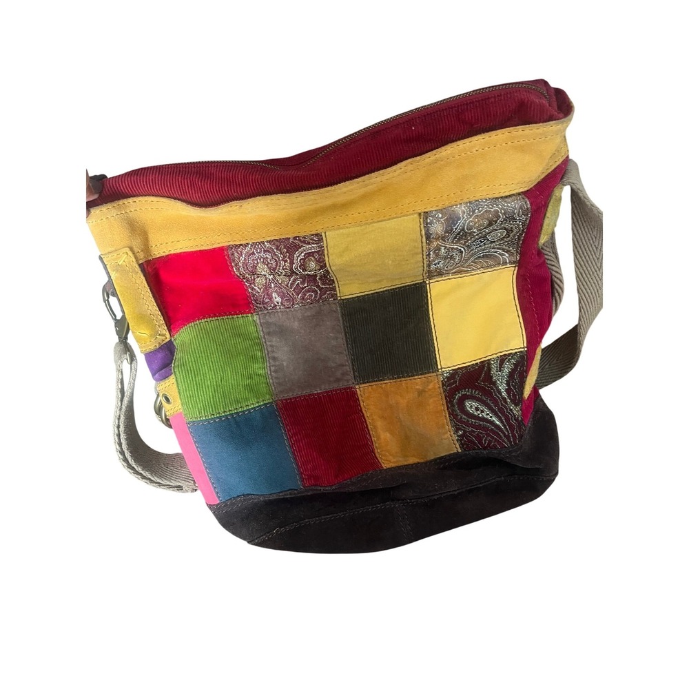 Lucky Brand Patchwork Boho Hobo Bag Corduroy Suede Multi-Color Crossbody Vintage